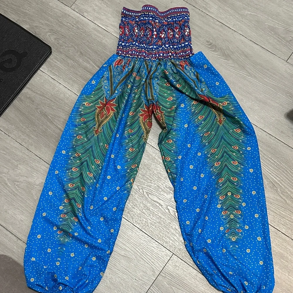 Lu’s Chic Bohemian Blue Peacock Print Pants one size - Picture 1 of 7